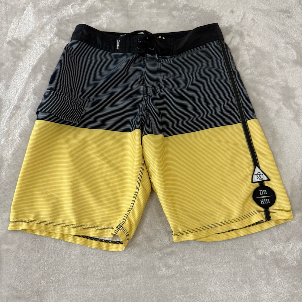 Da Hui Men's Striped Board Shorts Swim‎ Trunks Yellow Black Surfer Beach